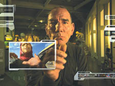 Pete Postlethwaite as The Archivist following the decline of planet Earth. Inset, his home's exterior