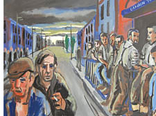 In ‘Early Morning, Camden Town’, Irish painter Bernard Canavan depicts his compatriots  waiting for work outside the Tube station