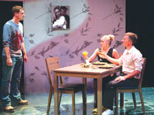 Joe Armstrong as Liam; Claire-Louise Cordwell as Helen; Jonathan McGuinness as Danny in Dennis Kelly’s Orphans