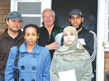 Dudley House residents Christian Saigal, Nicola Dillon, John Meredith, Abir Noureddine and Tariq Ellekhlifi outside the isolated block