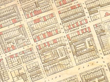 A 19th-century map of Harley Street and the surrounding area, modified by Dr Draper to show slave-owners' homes marked in red