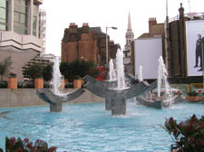 The threatened fountains at the base of the Grade-II listed building