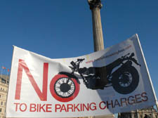 Bikers' protest banner in Trafalgar Square