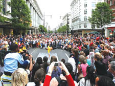 Street dancers perform for crowds on the pedestrianised Oxford Street at the weekend
