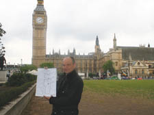 Challenging plan: Tony Hickson shows off his proposal outside parliament