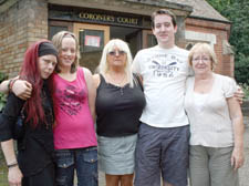 Pictured outside court after the inquest, Mr Shawcross&rsquo;s friend and carer Mary Guerin, niece Madison, sister Caroline, nephew Bradley and mother Carole.