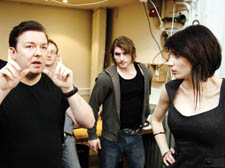 Ricky Gervais assists at rehearsals with Anne Chmelewsky (right), the opera’s composer