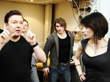 Ricky Gervais assists at rehearsals with Anne Chmelewsky (right), the opera&rsquo;s composer