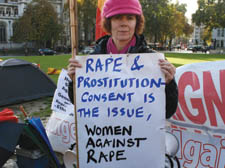 Campaigning: Lisa Longstaff of Women Against Rape joins the protest in Parliament Square on Tuesday against the policing and crime bill