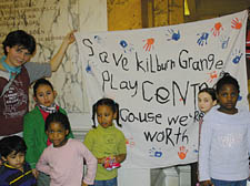   Kilburn Grange protesters, from left: Hannah Zemel (playcentre staff) Adi Othman, 4, Krizia Paz, 9, Rehema Henry - Mills, 5, Solara Hassan, 5, roisin Frances, 9, Maya Emanuelle, 7, Tanya Othman, 8, Taissir Hassan(mother,holding banner)