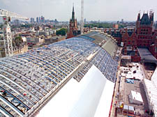 New horizon: Aerial view of Barlow’s historic train shed under reconstruction. The damaged Victorian roof was rejuvenated with 18,000 self-cleaning glass panes
