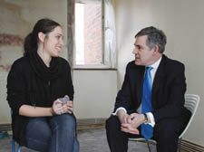 Prime Minister Gordon Brown chats to Zoe Broadhead in her new home