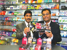 Shandip and Ketan Shah at their NVS Pharmacy base with the Fusion condoms range they have recently launched