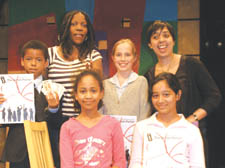 Jocelyn Jee Esein, left with, back, Luke Offiah and Stephanie Moreno Beck from St Mary of the Angels Primary School, Bayswater, and Suzanne Gorman. In the front are Ibtisam Nuur, left, and Tamsin Rahman from Princess May Primary School in Hackney.